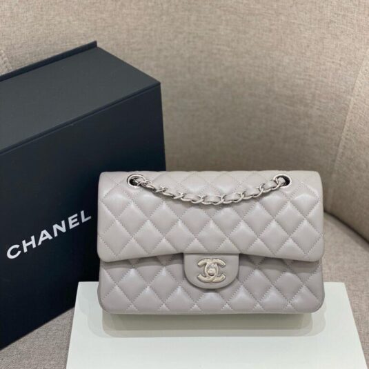 CHANEL CLASSIC SMALL- LAMBSKIN- LIGHT GRAY